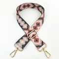 Close-up of geometric ethnic pattern bag strap with gold metal swiveling clasps - Pink Brown Gray / Silver Clasp