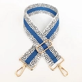 Close-up of 5cm wide blue and black pixelated patterned strap with gold metal hooks - Blue White Gold Buckle