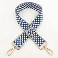 Detail of adjustable wide canvas guitar strap in navy blue with white floral embroidery - Silver Clasp / B-Style Blue