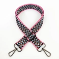 Detail of colorful woven geometric bag strap with dark grey metal swivel hooks - Gunmetal Buckle / Pink