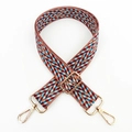 Detail of colorful woven jacquard strap with retro geometric patterns and gold metal hooks - Gold Buckle / Bean Paste Brown