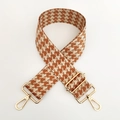 Macro view of brown and beige houndstooth woven strap with gold metal swivel snap hooks - Silver Clasp / No.12 Beige Yellow Brown