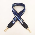 Ethnic wide bag strap with blue, white, and black geometric weave and gold hooks - Blue Clouds + Black Leather