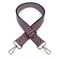 Macro detail of red, blue, and white woven crossbody strap with metallic lobster clasp - Gunmetal Buckle / Black Wine Red