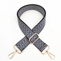 Detail of blue and white herringbone woven strap with golden metal lobster hooks - Gold Buckle / Black Khaki