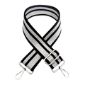 Close-up of adjustable silver stripe wide shoulder strap with metal swivel snap hooks - Black Silver Buckle