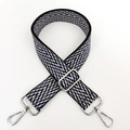 Close-up of wide bohemian jacquard bag strap with blue V-wave pattern and silver buckles - Silver Clasp / Black Khaki