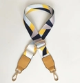 Ethnic style colorful woven handbag strap with yellow faux leather ends and gold metal buckles - Geometric Patchwork + Yellow Leather