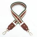 Detail of adjustable striped wide shoulder strap with red leather ends and gold metal hooks - Retro Green + Brown Leather