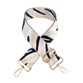 Close-up of zebra pattern woven bag strap with glossy gold metal spring hooks - White-Rice Navy Blue