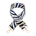 Detail of adjustable zebra print bag strap in navy blue and white with gold hardware - Silver Clasp / Navy Blue-White Rice