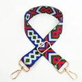 Close-up of geometric diamond pattern on wide ethnic style woven bag strap with gold buckle - Multicolor Red Green Blue