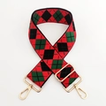 Close-up of British style red and green argyle pattern wide strap with gold metal hooks - Red Base-Black Green Diamond
