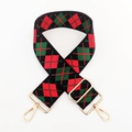 Detailed argyle pattern weaving on adjustable fabric bag strap with gold metal buckles - Black Base Red Green Argyle