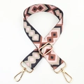 Detail of colorful geometric woven bag strap with pink patterns and gold metal hooks - Pink Brown Gray