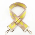 Detail of 5cm wide adjustable woven strap with pink and yellow wavy pattern and gold hooks - Khaki Yellow Pink