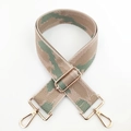 Close-up of camouflage woven shoulder strap with gold metal hooks and adjustable buckle - Silver Clasp / Khaki Green