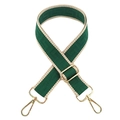 Detailed view of adjustable dark green and beige jacquard woven bag strap with gold metal hooks - Emerald Green