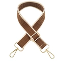 Macro detail of adjustable brown geometric jacquard strap with gold metal lobster clasps - Silver Clasp / Dark Khaki