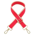 Detail of red geometric maze pattern wide shoulder strap with golden metal hardware - Silver Clasp / Bright Red