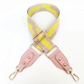 Adjustable wide woven shoulder strap with pink leather ends and gold metal clips - Khaki Yellow Pink