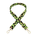 Close-up of leopard print nylon bag strap with neon green details and gold metal hooks - Light Green