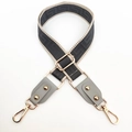 Detail of adjustable geometric pattern wide bag strap with gold rotating metal hooks - Gray and Gray