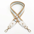 Detail view of khaki canvas strap with silver stripes, leather joints, and gold metal rivets - Yellow + White Leather