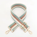 Detail of 5cm wide striped bag strap with adjustable golden buckle and lobster clips - Light Blue with Gold Buckle