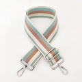 Detail of 5cm thick wide woven shoulder strap with mint, beige, and pink stripes - Light Blue with Silver Buckle