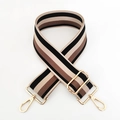 Detail of 5cm wide striped canvas bag strap with light gold metal swivel hooks and buckles - Black Strap Gold Buckle