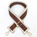 Detail of adjustable 5cm woven bag strap with chevron pattern and gold metal hooks - Khaki-Dark Coffee