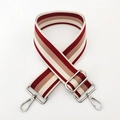 Close-up of 5cm wide striped canvas bag strap with durable silver metal swivel hooks - Wine Red Silver Buckle