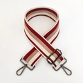 Detail of red and beige striped wide canvas strap with dark gunmetal swivel hooks - Wine Red Gunmetal Buckle