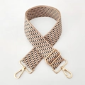 Close-up of 5cm wide adjustable woven bag strap with geometric jacquard and gold metal hooks - Khaki