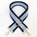 Close-up of a blue and white chevron woven strap with golden metal lobster clasps - Black Edge-Blue