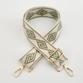 Detail of diamond pattern woven bag strap with golden metal swivel snap hooks - Beige Base Light Cyan Green Diamond / Silver Clasp