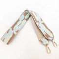 Detail of colorful geometric woven bag strap with golden metal lobster clasps - Khaki Green Blue