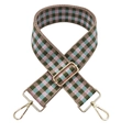Close-up of woven checkered wide strap with pink, green, and blue patterns and gold buckles - Khaki Pink Green