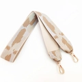 Close-up of woven bag strap with leopard pattern and gold-tone metal lobster clasps - Khaki Brown Gray