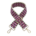 Detail of adjustable checkered canvas bag strap with gold metal lobster clasps - Beige with Black and Purple
