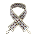 Close-up of checkered retro shoulder strap with beige, red, blue weave and gold metal hooks - Beige with Blue and Wine Red