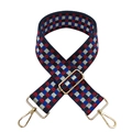 Detail of red and blue checkered woven bag strap with adjustable gold metal buckle - Silver Clasp / Navy Blue and Wine Red