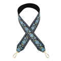 Detail van zwarte etnische geborduurde tasriem met blauw patroon en gouden gespen - Lichtblauw Paars Geel