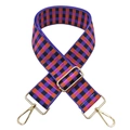 Close-up of adjustable wide woven bag strap with colorful purple and orange checkered pattern - Silver Clasp / Purple and Orange