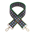 Detailed view of adjustable checkered woven shoulder strap with gold metal lobster clasps - Silver Clasp / Green with Red and Blue