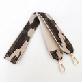 Close-up of wide camouflage woven canvas bag strap with golden metal lobster clasps - Khaki Army Green