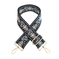 Ethnic bohemian embroidered wide shoulder strap with golden metal hardware and deep blue base - Silver Clasp / Dark Blue Orange