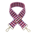 Detail of colorful checkered guitar-style wide woven bag strap with golden metal buckles - Silver Clasp / Pink and Purple