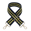 Detail of adjustable checkered navy and yellow woven bag strap with gold metal lobster clasps - Navy Blue and Yellow